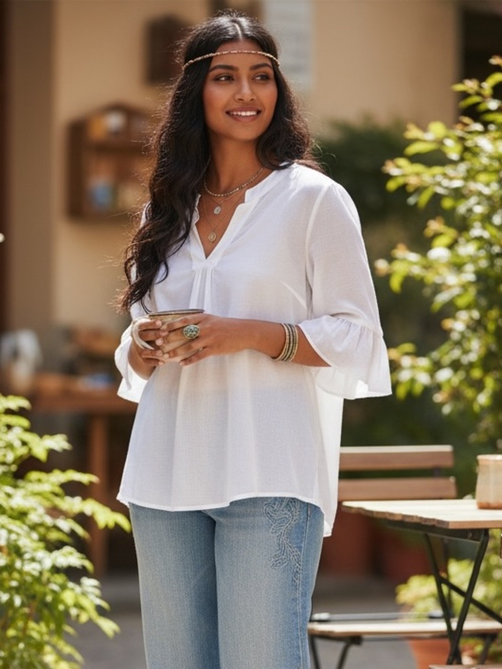 J. Crew Woman’s Sheer V neck Gathered 
Quarter sleeve Cotton oversized blouse